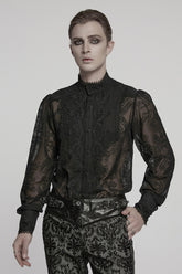 Black Stand Collar Chiffon Long Sleeves Hollow Embroidery Men's Gothic Blouse